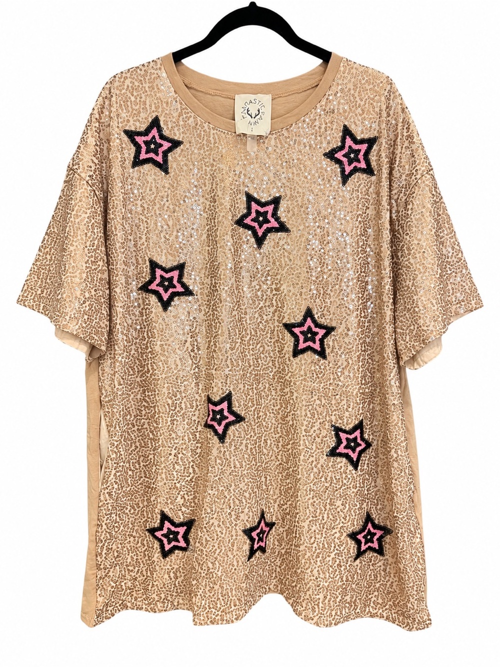 Fantastic Fawn Champagne Gold Sequin Dress with Pink & Black Stars